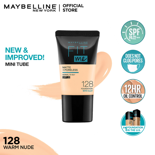 Maybelline New York Fit Me Matte & Poreless Liquid Foundation 18Ml Mini Tube - 128 Warm Nude - For Normal To Oily Skin
